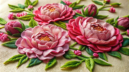 Handmade embroidery on fabric with pink flowers and green leavesの素材