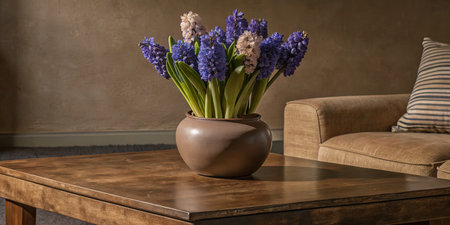 Blue hyacinths in a vase on a wooden tableの素材