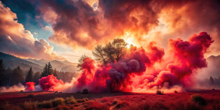 Fiery explosion in the mountains. Dramatic sky with red clouds.の素材