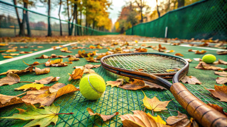 Tennis racket and ball on tennis court with fallen autumn leaves.の素材