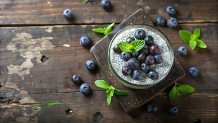 Chia seed pudding with blueberries and mint on rustic wooden backgroundの素材