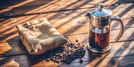 Coffee pot and coffee beans on a wooden table in sunlightの素材