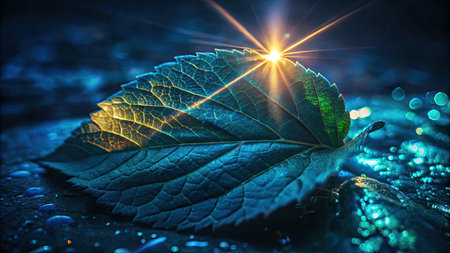 Green leaf with sunbeams on dark background. 3d renderingの素材