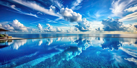 Swimming pool in luxury hotel resort with blue sky and cloud reflectionの素材