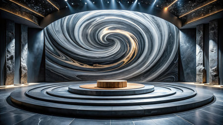 3D rendering of a stage with a round podium in a dark roomの素材