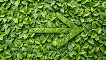 Arrow sign on green leaves background. Green leaves pattern. Top viewの素材