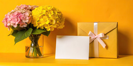 Bouquet of hydrangea flowers in a vase, envelope and greeting card on yellow backgroundの素材
