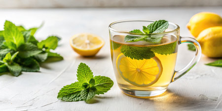 Cup of mint tea with lemon and mint leaves on white backgroundの素材
