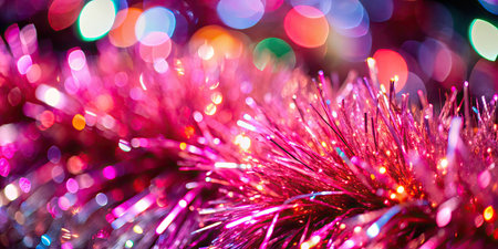 Colorful christmas tinsel close up with bokeh backgroundの素材