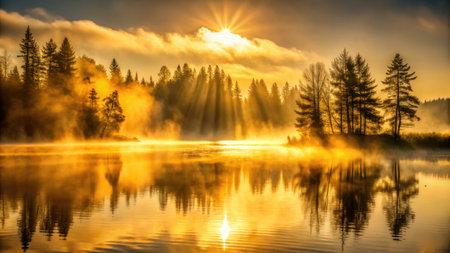 Sunset on the lake in the forest. Beautiful summer landscape.の素材