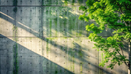 Abstract nature background. Green leaves on concrete wall with shadow and sunlight.の素材