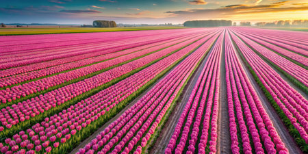 Aerial view of pink tulip fields in the Netherlands at sunsetの素材