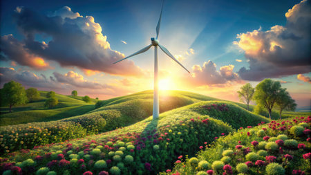 Wind turbine on the green meadow at sunset. 3d renderingの素材