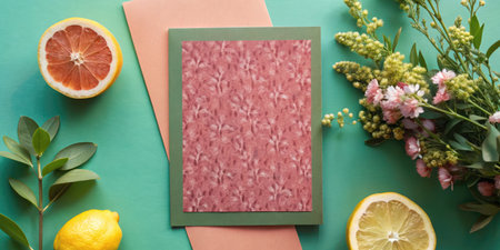 Creative flat lay top view mockup photo frame with grapefruit, lemons and flowers on pastel green background copy space. Minimal summer conceptの素材