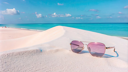 Sunglasses on white sand beach in Maldives at summer vacationの素材