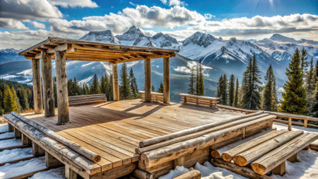 Wooden terrace with view on snow capped mountains in background.の素材
