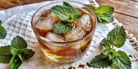 Glass of iced tea with fresh mint on wooden table, closeupの素材