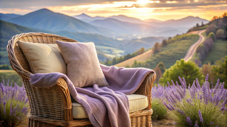 Wicker chair with pillows and plaid in the mountains at sunsetの素材
