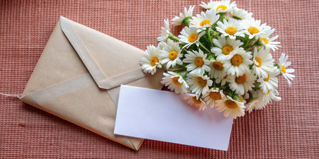 Bouquet of daisies and envelope on the table.の素材