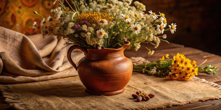Dried flowers in a clay jug on a wooden background. Rustic style.の素材