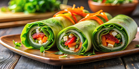 Vegetarian spring rolls with vegetables and cheese on a wooden backgroundの素材