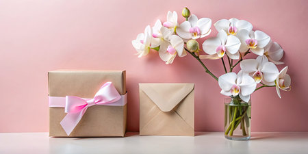 Gift box, envelope and orchid flowers on a pink backgroundの素材