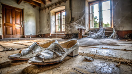 Old wedding shoes in an abandoned building with cobwebs and spidersの素材