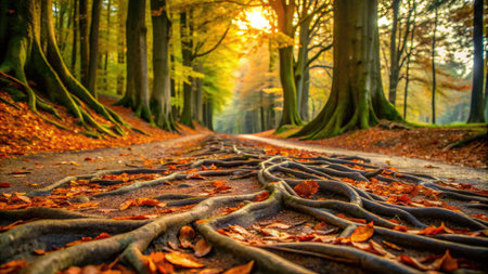 Beautiful autumnal forest with fallen leaves and a path in the foregroundの素材