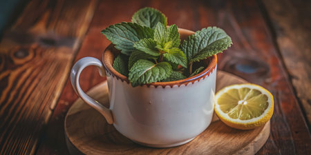Mint tea in a cup with lemon and mint leaves on a wooden backgroundの素材