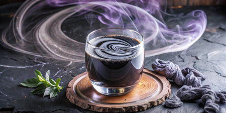 Coffee in a glass cup on a black stone background.の素材