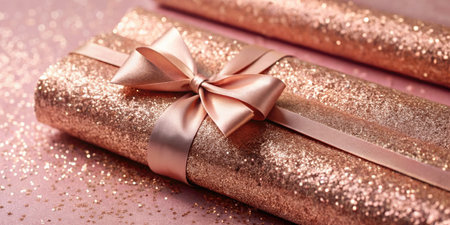 Gift boxes with gold bow on glitter background, closeup viewの素材