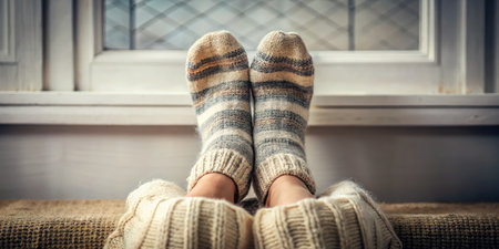 Female legs in woolen socks on the windowsill, closeupの素材