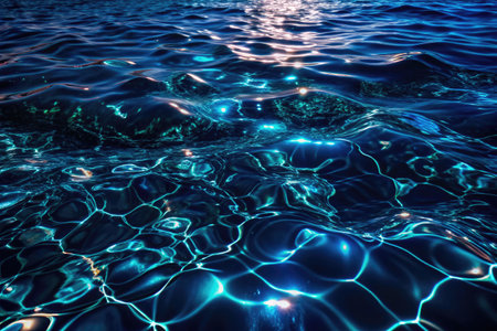 Blue rippled water surface with waves and sun reflections. Abstract background.の素材