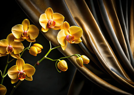 Beautiful yellow orchid flowers on a black background. Close up.の素材
