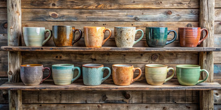 Coffee mugs on a shelf in a rustic wooden houseの素材
