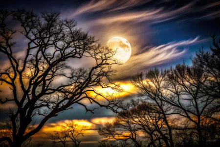 Full moon over the forest at night. Beautiful nature landscape with full moonの素材