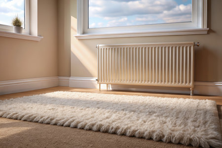 Interior of living room with radiator and carpet, 3D renderingの素材