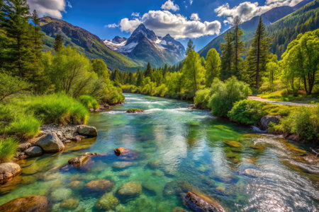 Beautiful mountain landscape with a river and high mountains in the backgroundの素材