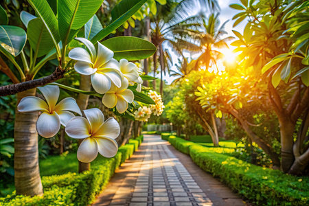 Plumeria flowers blooming in the garden with sunset light.の素材