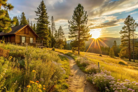 Wooden house in the mountains at sunset. Carpathians, Ukraineの素材
