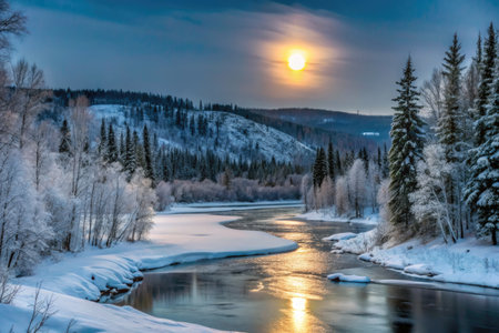 beautiful winter landscape with the river and the forest in the eveningの素材
