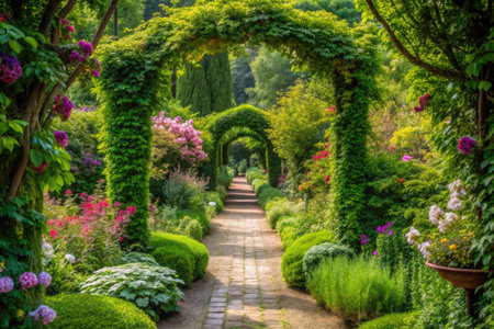 Garden with archway in the park. Beautiful summer landscape.の素材