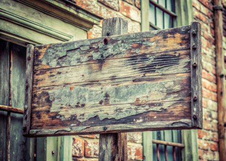Old wooden signboard in the street of old town, vintage styleの素材