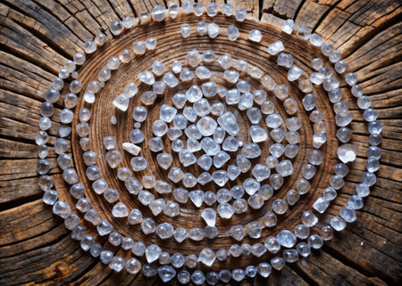 crystal beads on a wooden background, close-up, top viewの素材