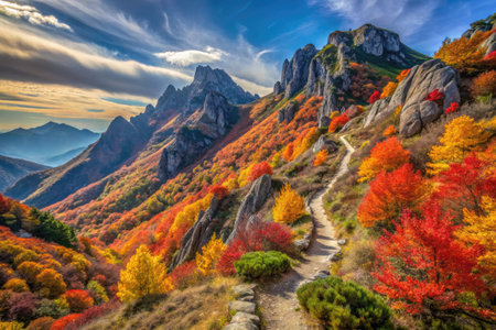 Colorful autumn landscape in the mountains. Majestic mountain landscape with colorful forest.の素材