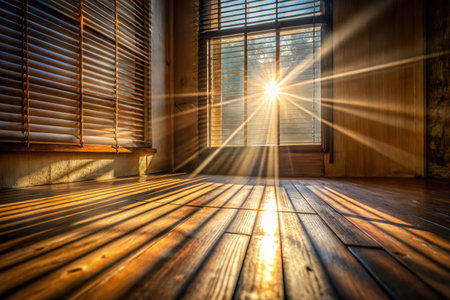 Sunlight shining through the blinds of a wooden room with wooden floorの素材