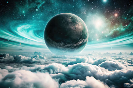 Fantasy landscape with planet and cloudy sky. Elements of this image furnished by NASAの素材