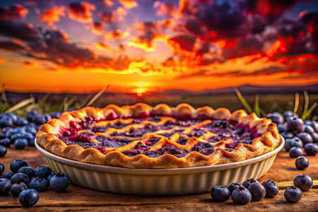 Homemade blueberry pie on a wooden table in the field.の素材