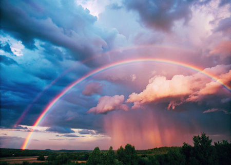 Rainbow over the field in the evening. Colorful sky.の素材