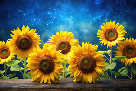 Sunflower on wooden table with blue sky background. Nature concept.の素材